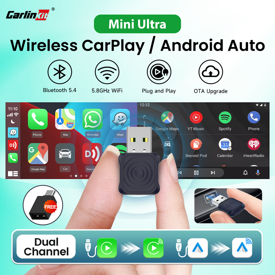 Carlinkit 2 in 1 Wireless CarPlay Adapter Wireless Android Auto Adapter Auto Connect for Mazda Subaru Citroen Audi Mercedes Kia