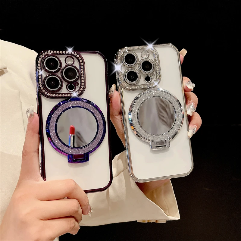 Luxury Plating Flash Glitter Mirror Phone Case with Diamond Bumper Protector