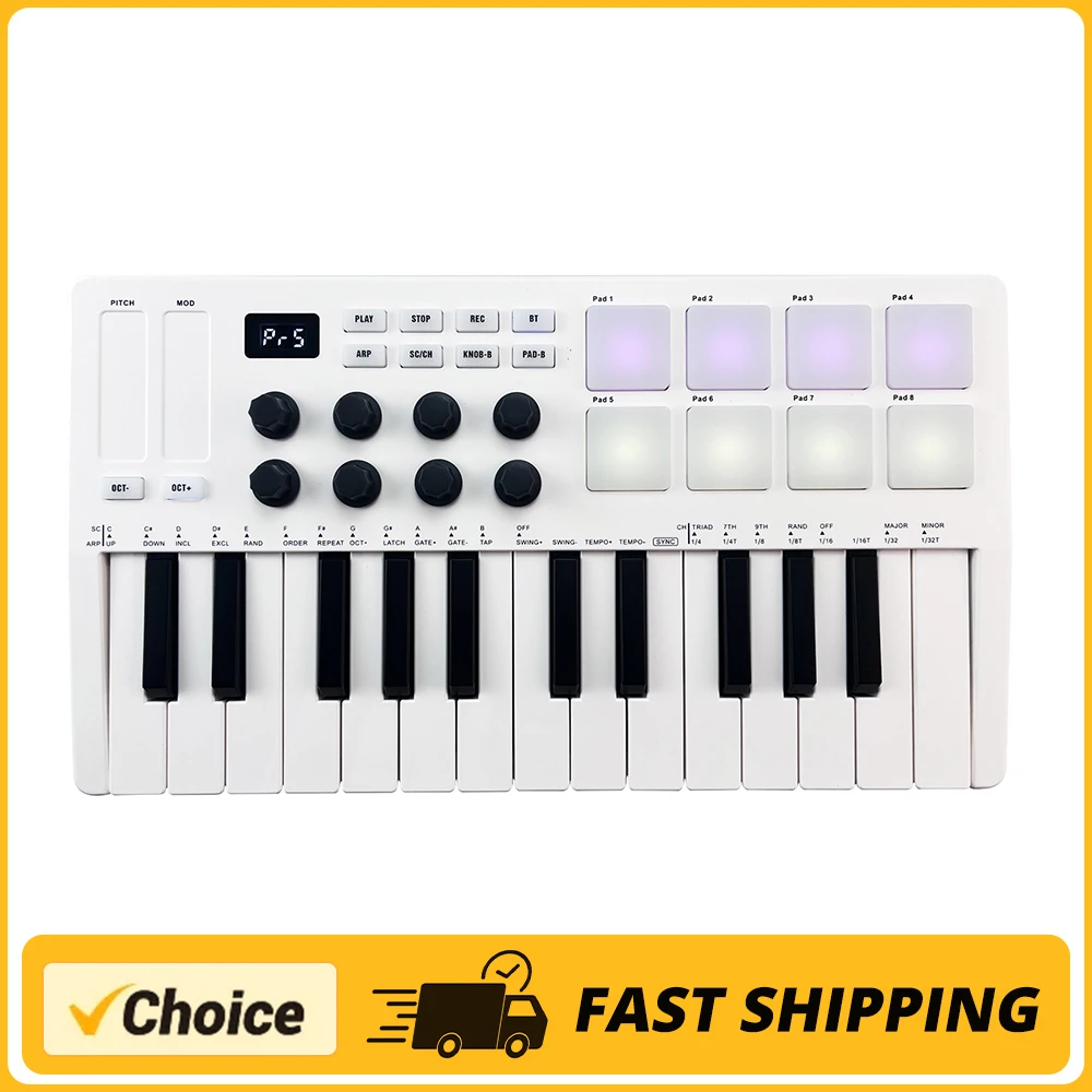 Midi Control Keyboard Electronic Musical Instrument 25-Key MIDI Control Keyboard Mini USB Keyboard MIDI Controller with 25 Velocity Sensitive Keys 8 RGB Backlit Pads 8 Knobs