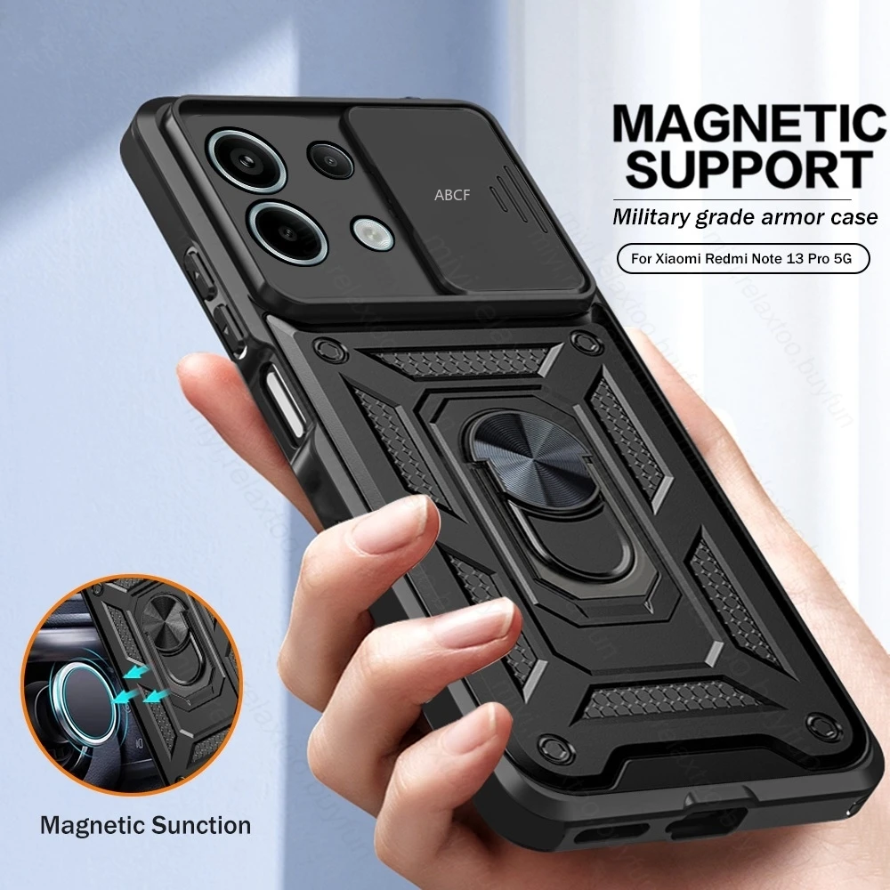 Shockproof Armor Slide Lens Case with Magnetic Ring Holder Stand Cover