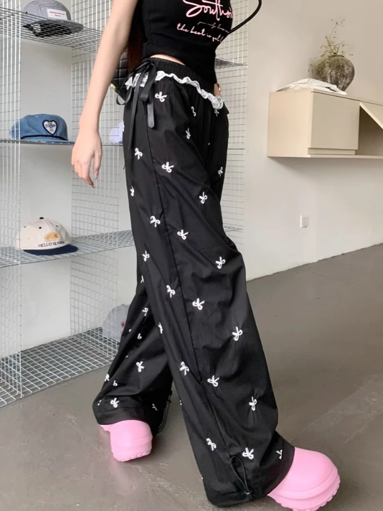 Deeptonw Y2k Coquette Bow Embroidery Wide Leg Pants Women Korean Style Kawaii Sweet Lace Patchwork High Waist Loose Pants Y2k