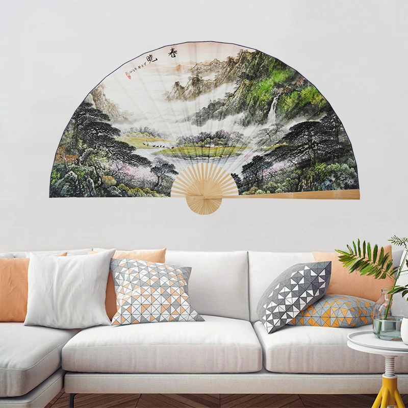 

Large Folding Paper Fan Chinese Style Crafts Banboo Frame Background Decorative Fan Hanging Spring Landscape