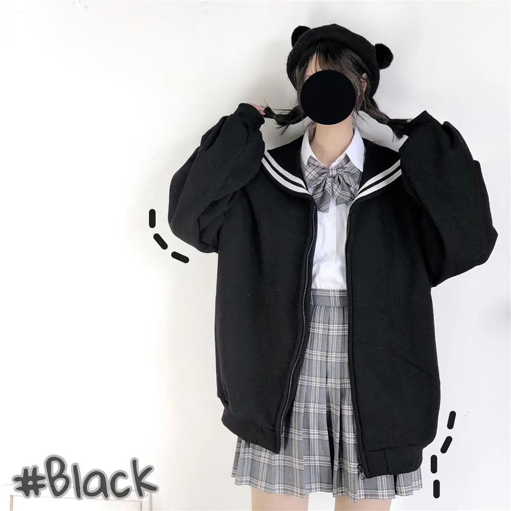 

Japanese Style Cute Baseball Uniform Casual Striped Sailor Collar Zipper Sweatshirt Girl Kawaii Coat Harajuku Women Jackets Tops