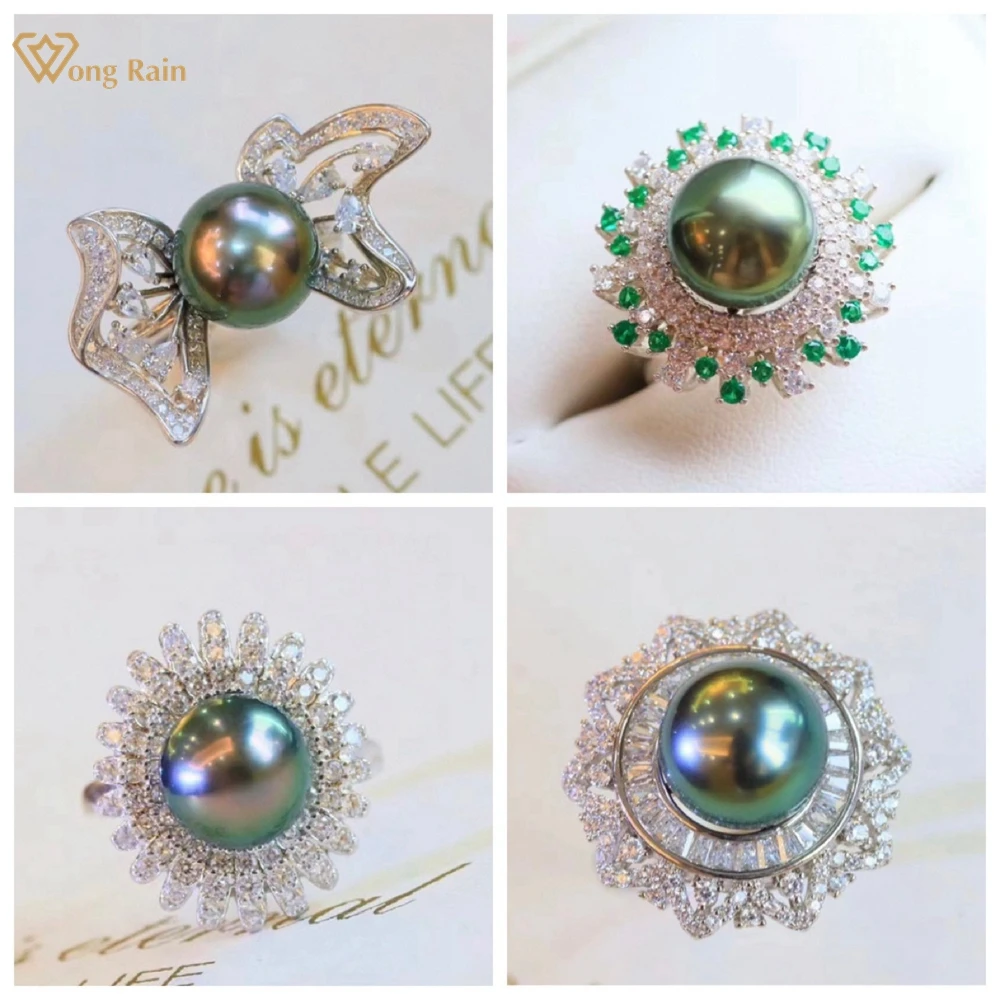 

Wong Rain Vintage 100% 925 Sterling Silver 10-12MM Natural Pearl High Carbon Diamond Gemstone Adjustable Ring Customized Jewelry