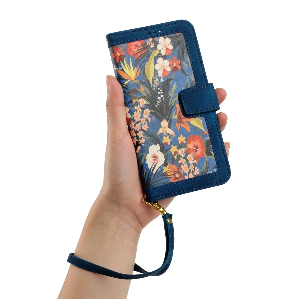 3D Flower Leather Flip Wallet Phone Case with Strap