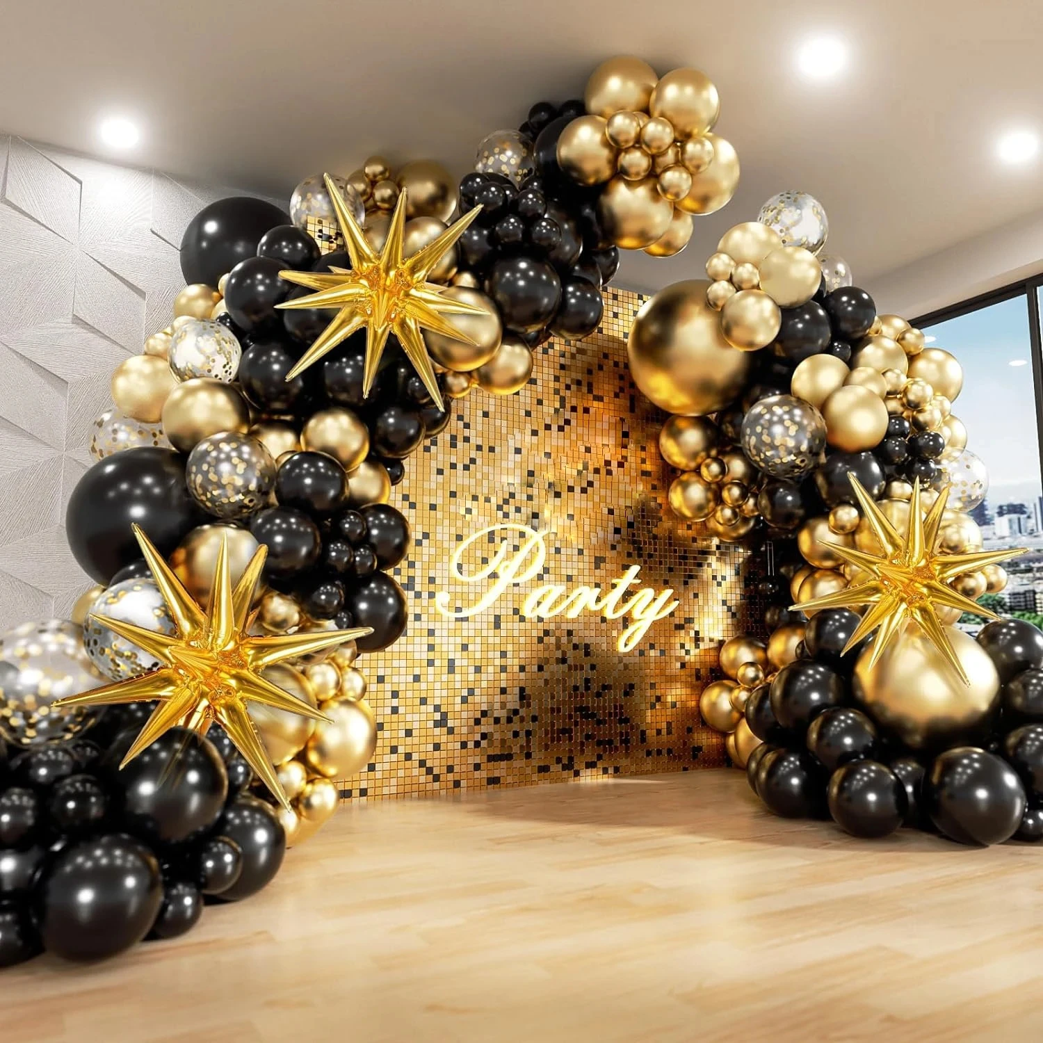 

Black and Gold Balloons Garland Arch Kit with Starburst Foil Balloons for Wedding Birthday Family Party Decorations Supplies
