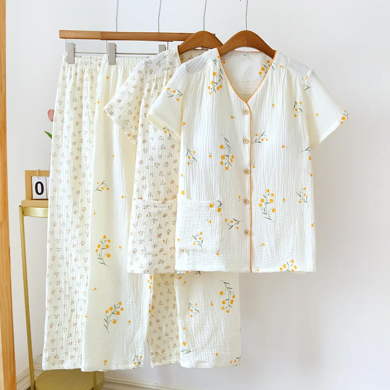 2023 Summer New Women's Pajamas Short Sleeves and Long Pants Two Piece Set of All Cotton with Chest Pads Large Home Furnishing