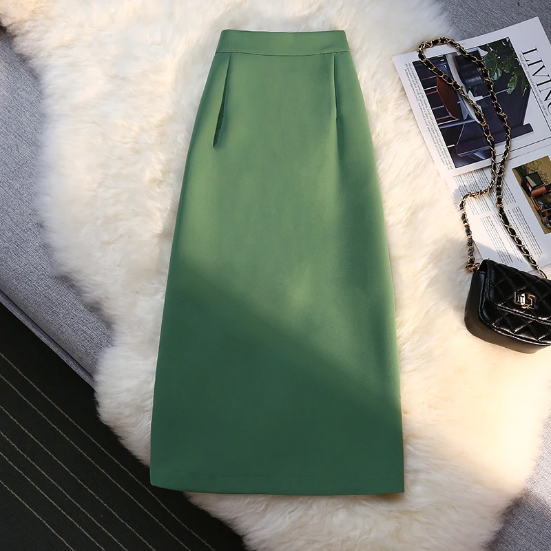 

Women's High Waist A-line Wrapped Hip Long Green Skirt Commuter Style Office Girl Female Solid Color Mid Length Black Skirts
