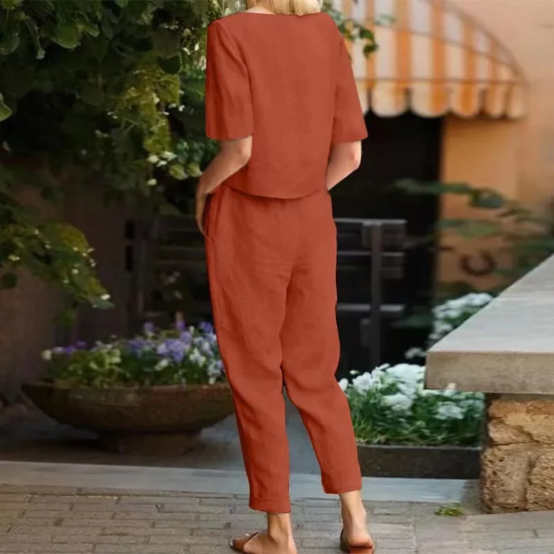 Cross border women's cotton and linen summer matching set half sleeved O-neck oversized cover shirt wide leg pantsretro two-piec 2