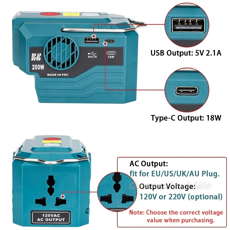 Power Inverter for Makita 18V Battery 200W DC 18V to AC 110-230V Portable Power