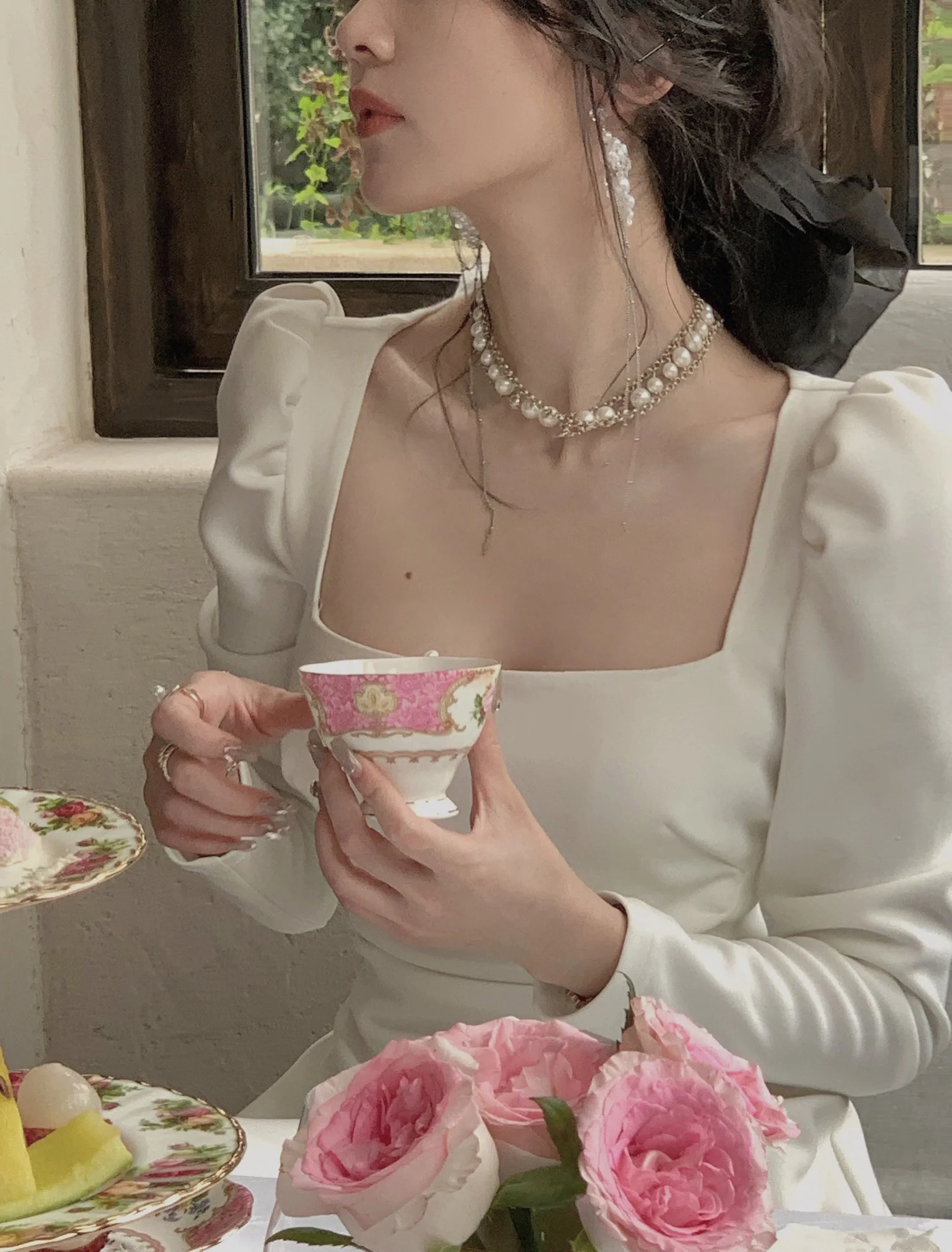 Spring New Elegant Square Collar Midi Party Dresses for Women Long Sleeve Black White Slim Vestidos Female High Waist Clothes