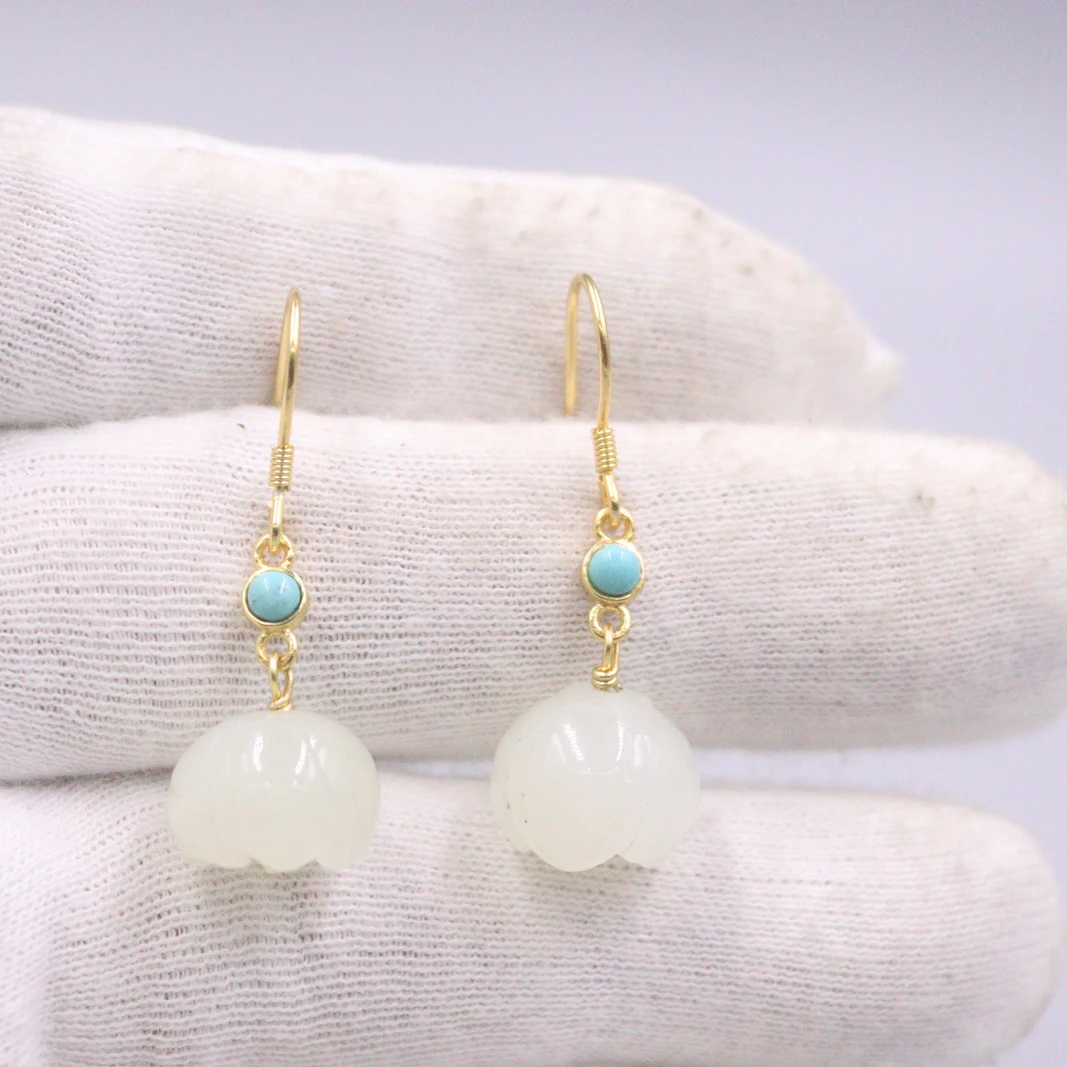 

Real Silver 925 Earrings Dangle For Women Female Natural Hetian Jade Flower Ball Gemstone National Style Earrings Hook 36*12mm
