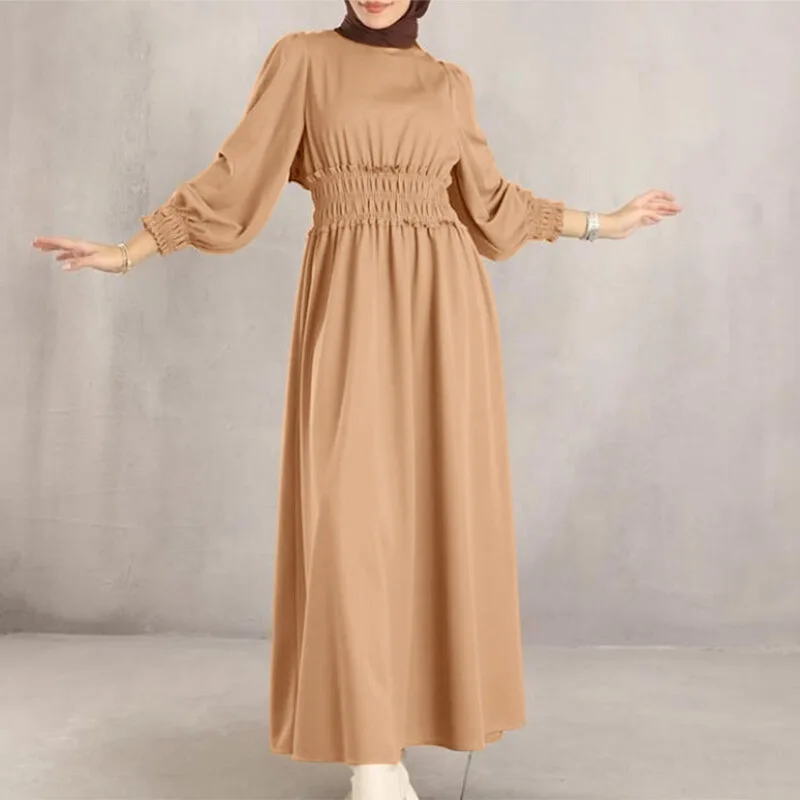 2023 Ramadan Muslim Robe  Islam Abaya Dress Solid Waist Long Sleeve Fashion Robe Femme Musulmane Casual Women's Dress Dubai Robe
