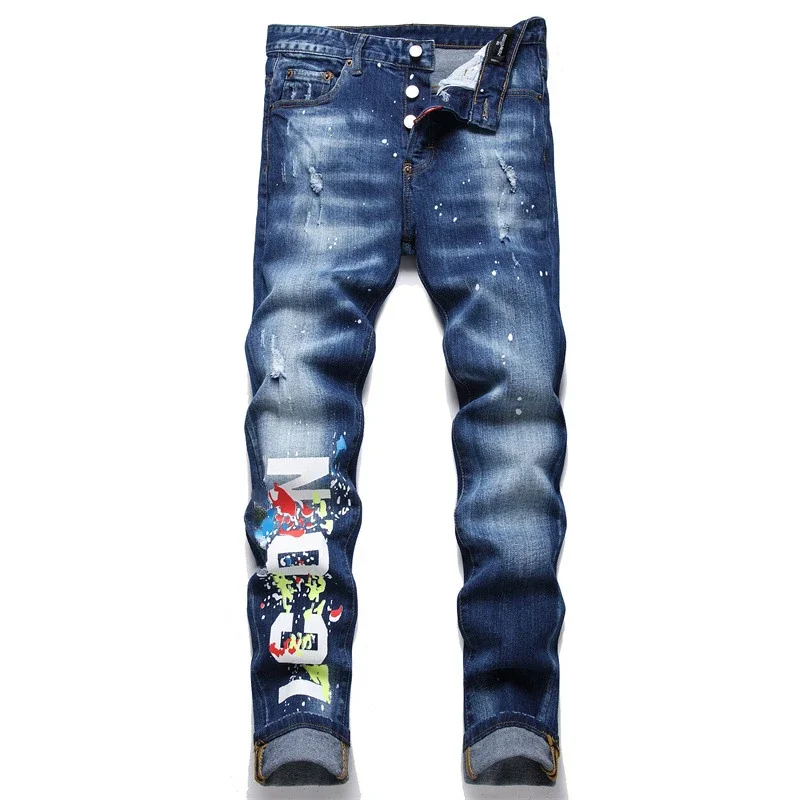 Men's Fashion Ripped Jeans High Quality Brand Dsq2 Men Slim Fit Fashion Small Foot Blue Pants Male Stretch Skinny Jeans 54 men jeans ripped jeans