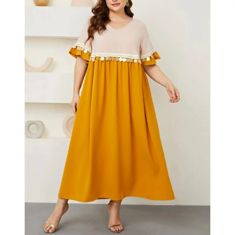 

Женское платье с коротким рукавом, блестками и V-образным вырезом