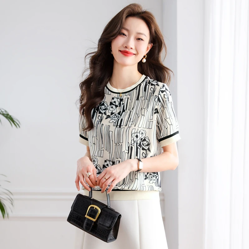 

Korean Version Chiffon Fashionable Loose Flower Print Tee Shirt Top 2023 Summer New Short Sleeve Round Neck Womenswear T552