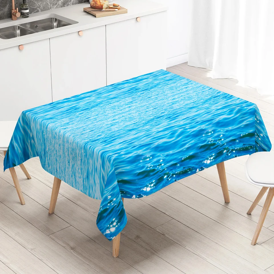 2Pcs Ocean Waves Tablecloths 86x52 Inches - Blue Water Print For Beach Party Decor
