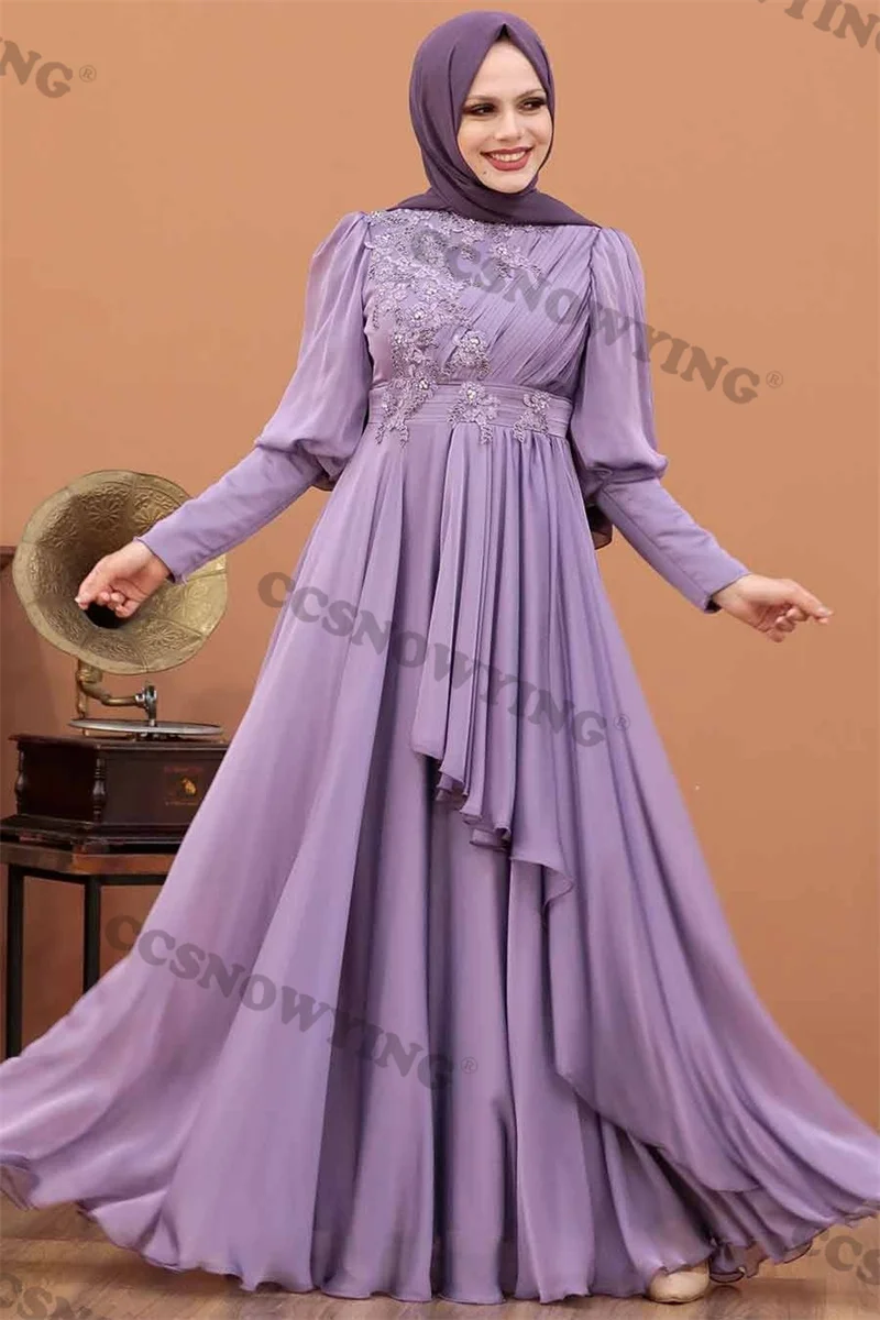 

Full Sleeve Hijab Muslim Evening Dresses Islamic Chiffon Appliques Women Formal Party Gown Arabic Dubai Robes De Soirée