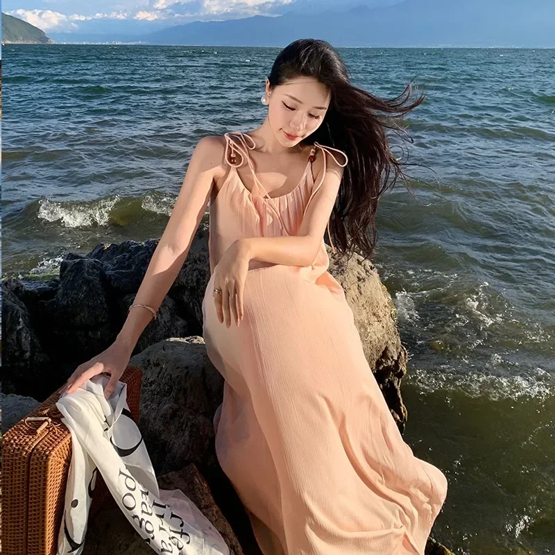 

Hawaiian Backless Daring Clothing Grunge Women Long Summer Strappy Loose Midi Korean Vacation Fairy Fashional One Piece Dresses