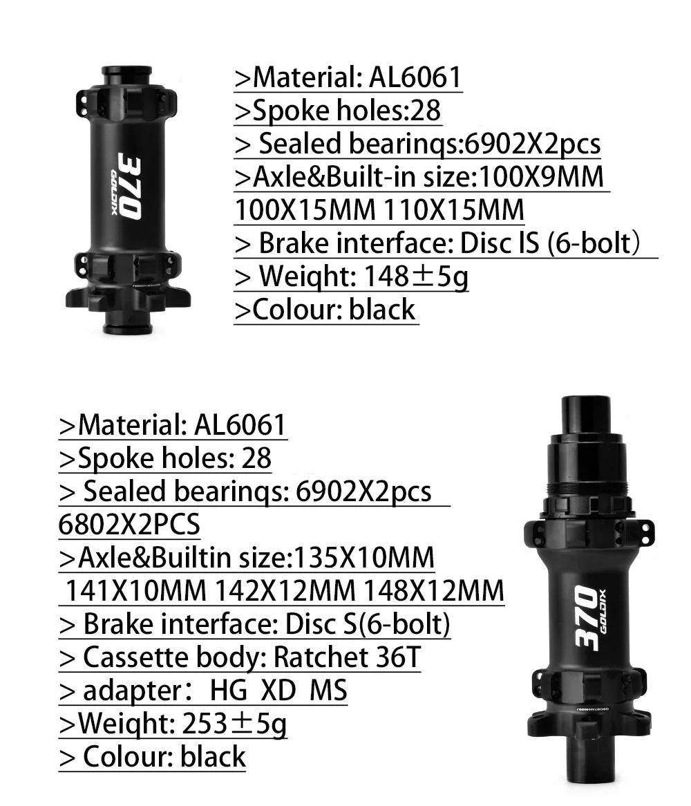 GOLDIX M370 Bicycle Hub 6-Bolt Disc Brake 28Hole Straight Pull Spoke Sealed Bearing 36T Ratchet HG/XD/MS Hub Type Standard/BOOST