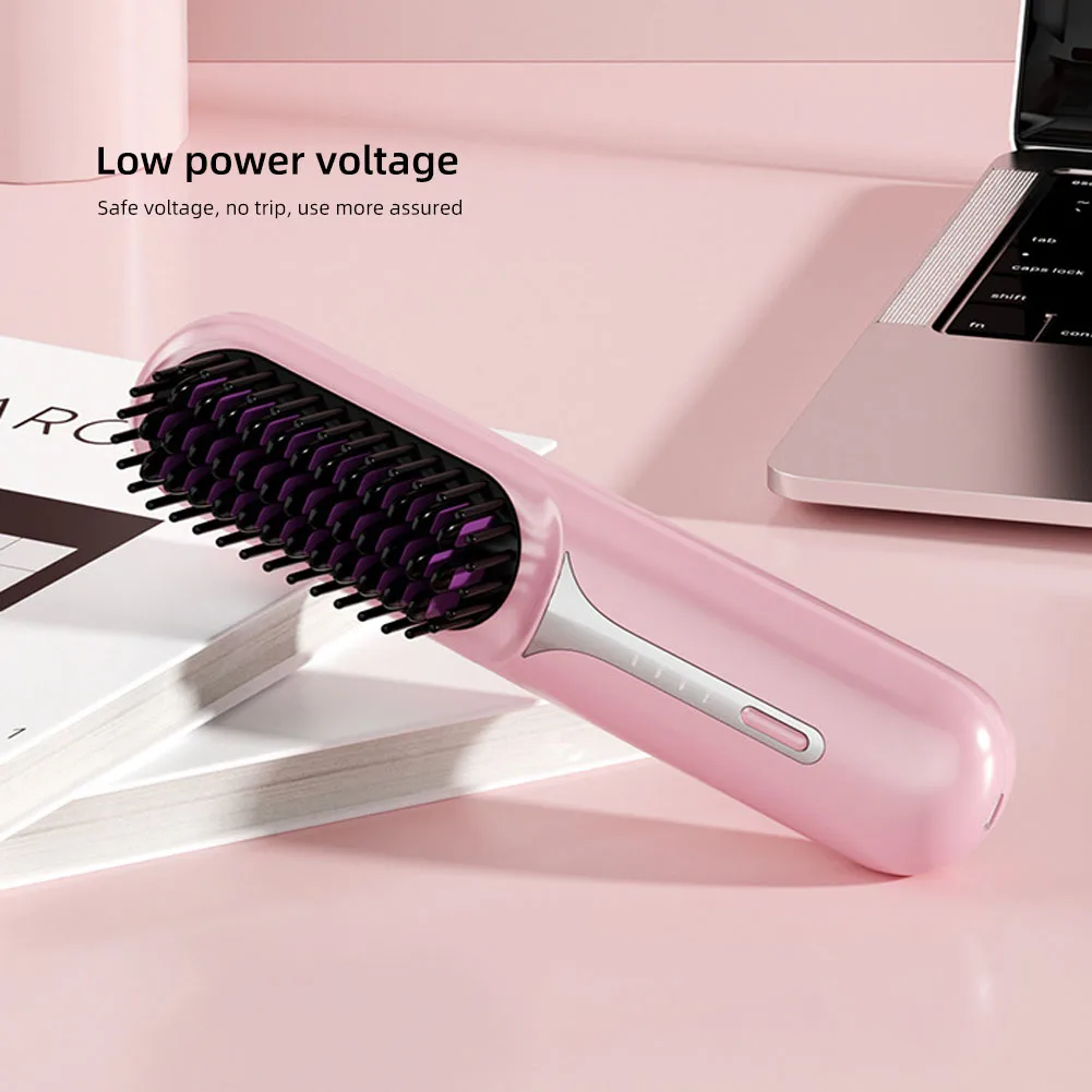 Adjustable Temperature Hair Brush Cordless Hair Straightener Brush with Fast Heating Negative Ions for Fluffy Curly for Electric 4