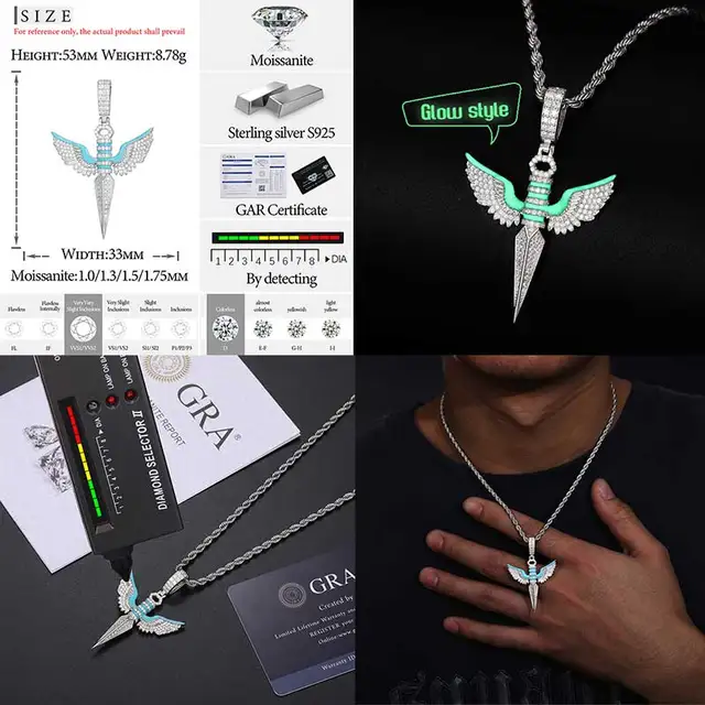 Classic Luminous Style Personalized Pendant Necklace Silver 925 Moissanite Pendant Necklace Rope Chain Men Hip Hop Jewelry 3