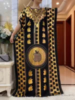 Muslim Summer Short Sleeve Cotton Robe Gold Stamping Boubou Maxi Women Femme Loose Dress With Big Scarf African Ramadan Abaya 4
