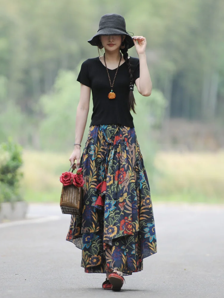 Women's Long Maxi A-Line Elastic Waist Skirts, Cotton Linen Print