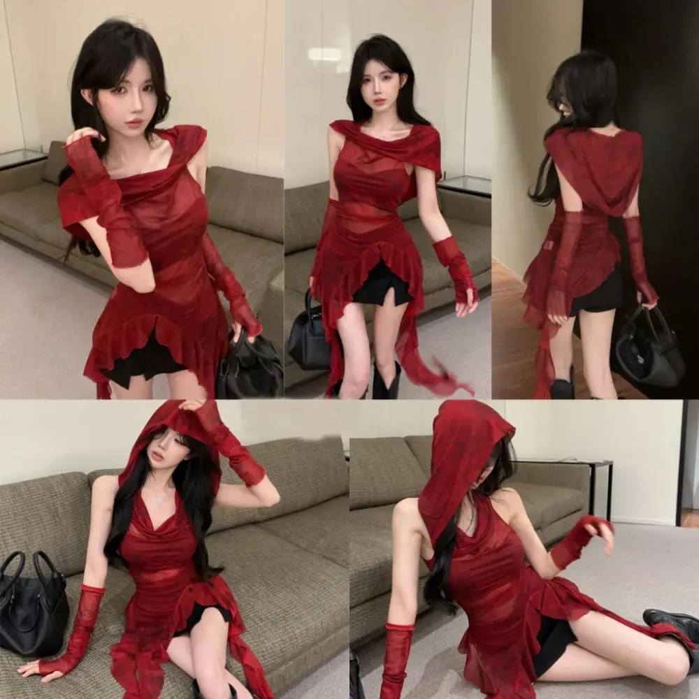 Y2K Tees Ruffle Long Sleeve Shirt Hooded T-shirt Mesh Vintage Gothic Hooded Square Neckline Design with Sleeves Long Sleeve Tops