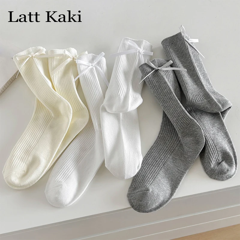 

3 Pairs Women's Socks Solid Color New Japanese Style Girls Loose Socks Set Sweet Bow Trendy Simple Cute Novelty Crew Socks Comfy