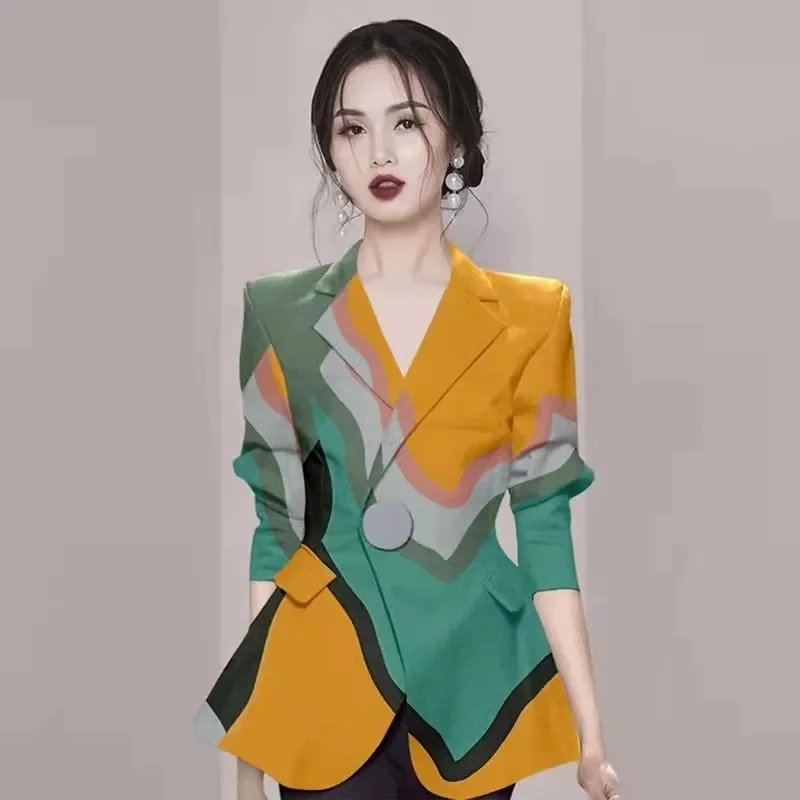 

European and American Fashion Ladies Printed Suit Jacket 2023 Autumn New Temperament Goddess Fan all Matching Slim Suit Tide X52