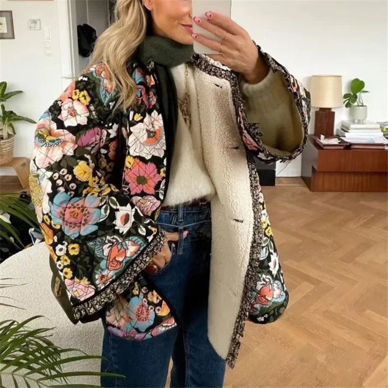 

2023 Winter Woman Vintage Black Floral Lamb Wool Jacket Girls Fashion Loose Print Cotton Jackets Female Chic Oversized Outwear