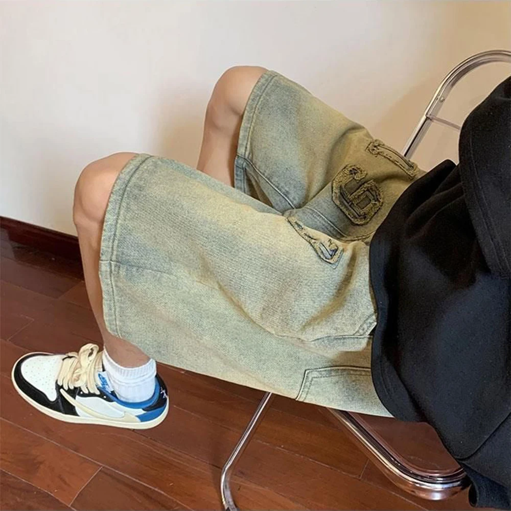 Men's Washed Old Denim Shorts Summer Loose Wide-leg Embroidery Straight Five-point Pants American High Street Hiphop Pants