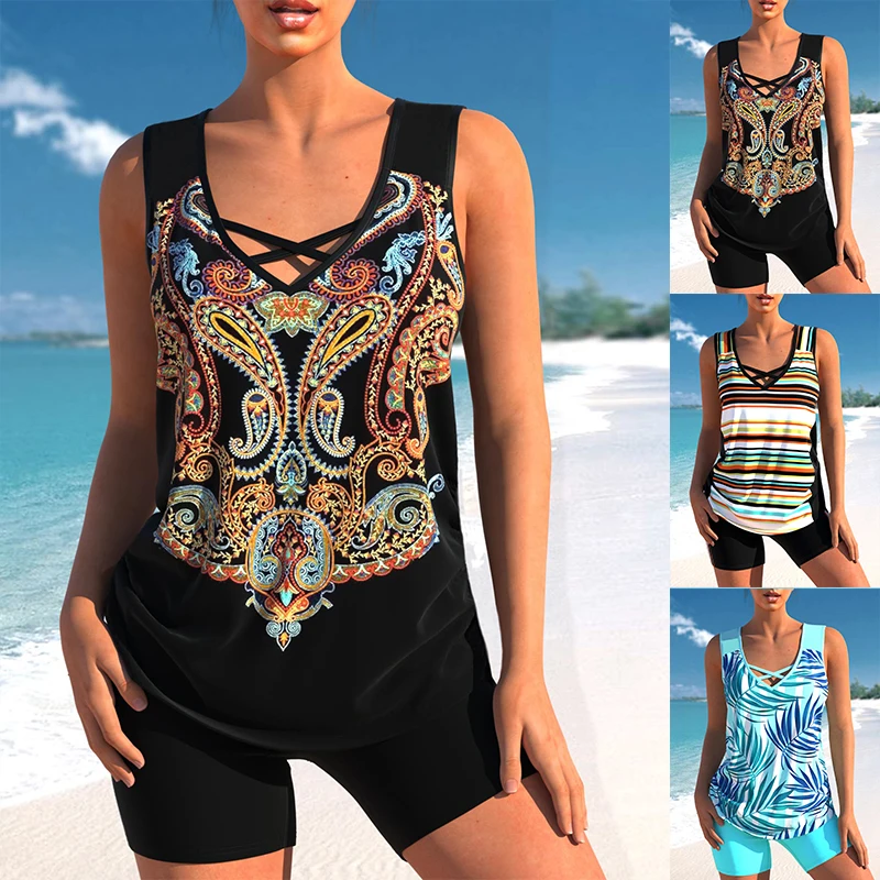 

2023 Women's Printed Beach Swimwear Off Shoulder Sexy Bikini Swimwear Summer Tankini Swimwear Tankiny Two Piece Beach Suit