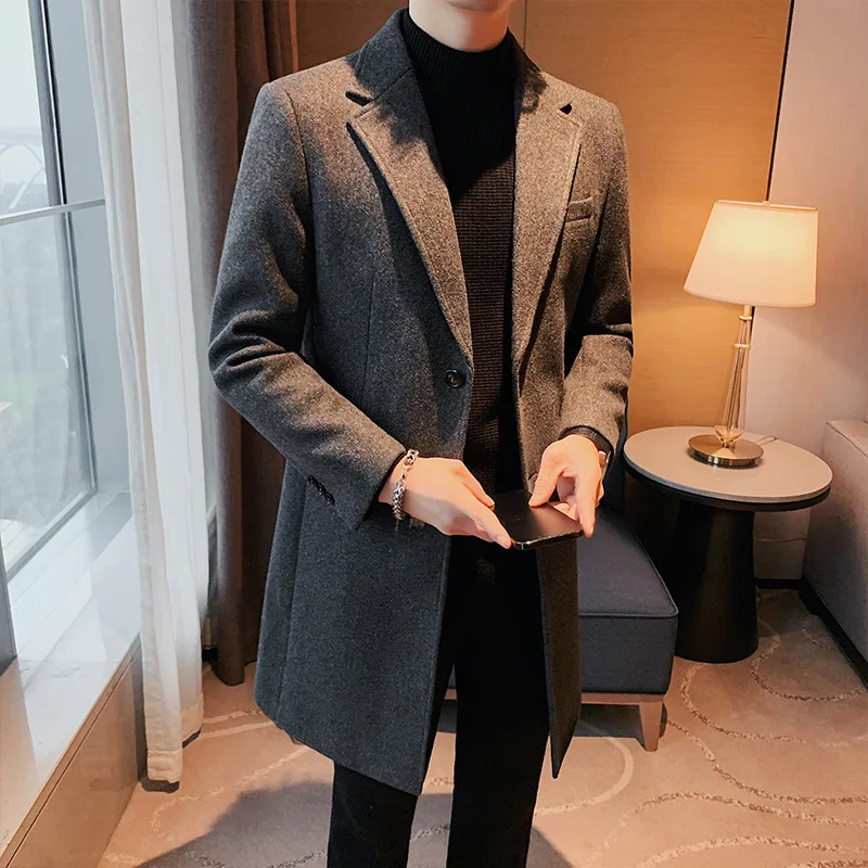 2023 Winter Long Woolen Coat for Men High-quality Single Breasted Casual Business Jackets Social Party Streetwear Men Clothing