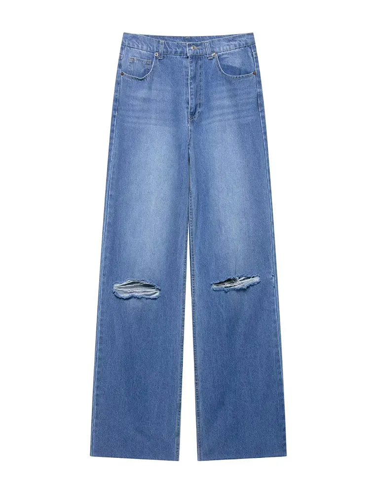 HH Women Fashion Knee Hole Jeans High Waist Zipper Wide Leg Denim Pants Vintage Y2k High Street Lady Trousers Ripped Jeans