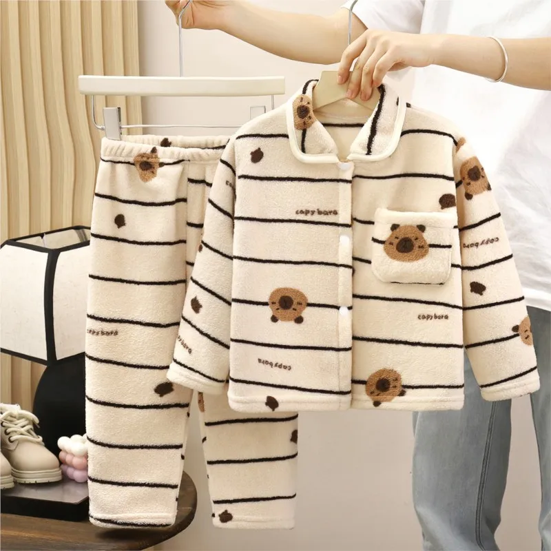 Winter Thicken Children's Sleep Wear Set Warm Home Clothes Flannel Pajamas for Boys And Girls 1-10Y