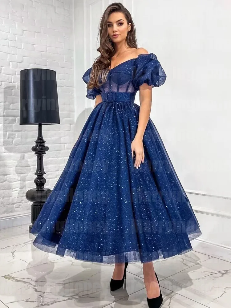 

MarryingHoney Women's Glitter V Neck Tulle Prom Dresses Puffy Short Sleeve Off Shoulder Corset Formal Evening Party Ball Gowns