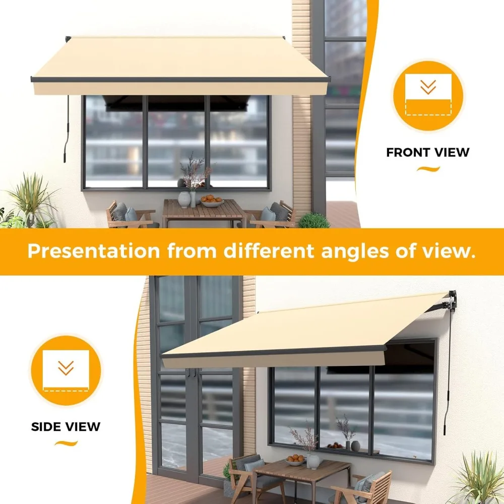 10'W x 8' H Retractable Awning for Patio, Manual Awnings, Sunshade Shelter Crank Handle, UV & Waterproof Polyester Cover and Al 6