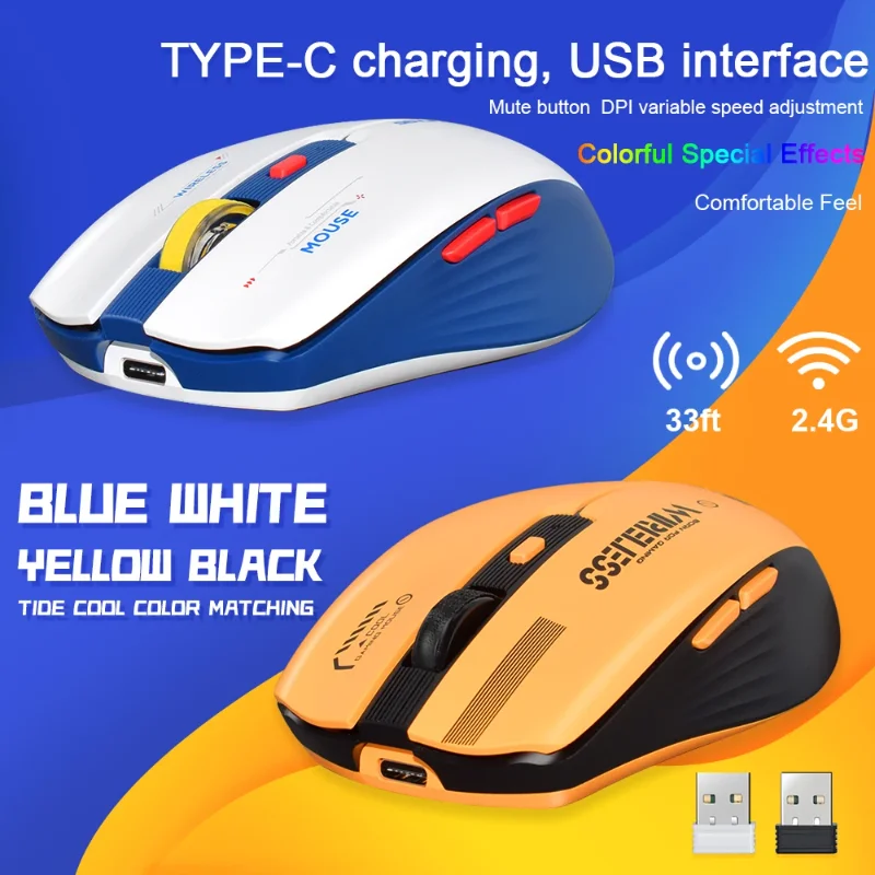 LT-T19 Type-C 2.4G Wireless Rechargeable Optical Gaming Mouse RGB Light Ergonomic Mice for Desktop PC Computers Notebook Laptop
