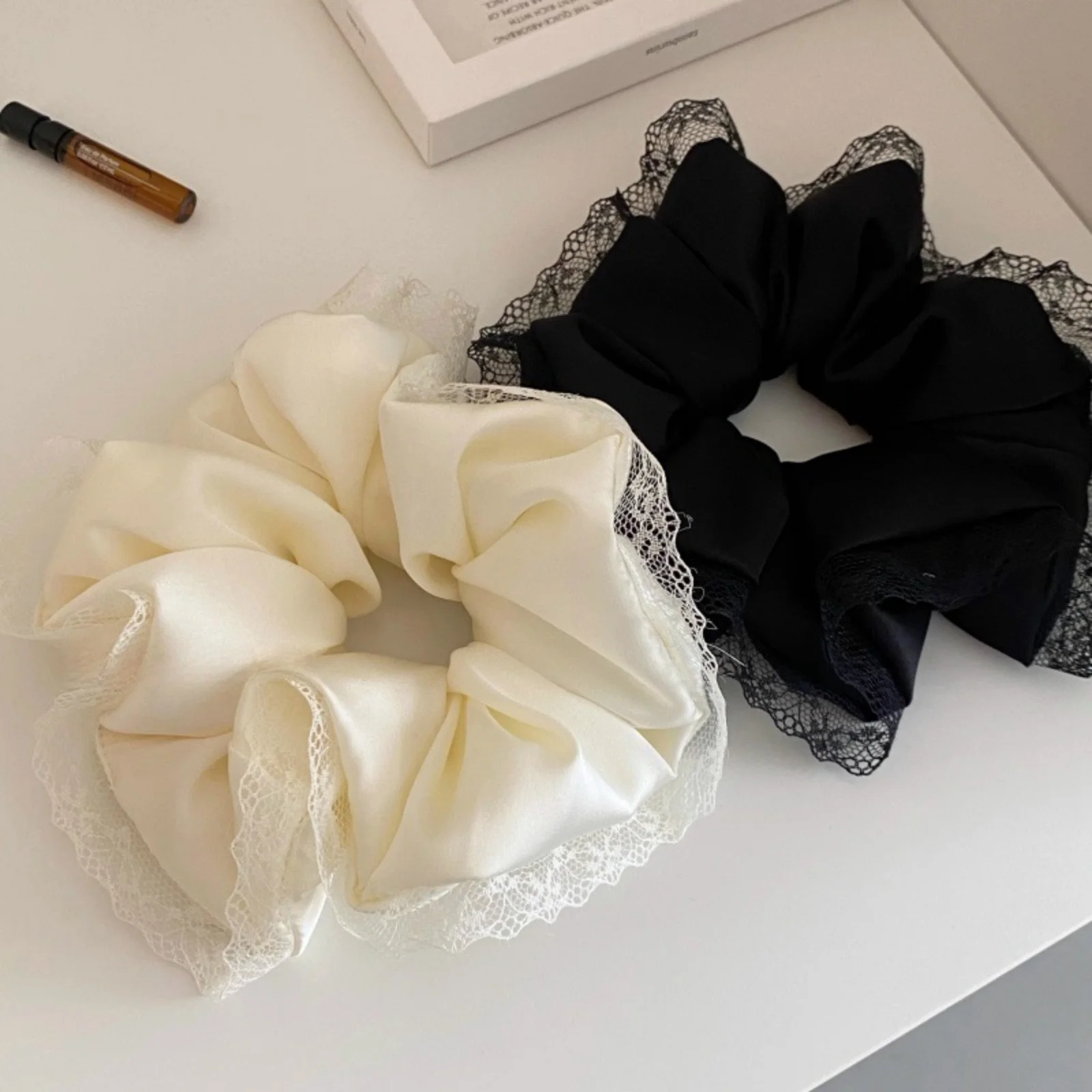 1PC Black and White Satin Hair Ties, Lace - Trimmed Scrunchies, Elegant Hair Accessories for Women's Daily Styling
