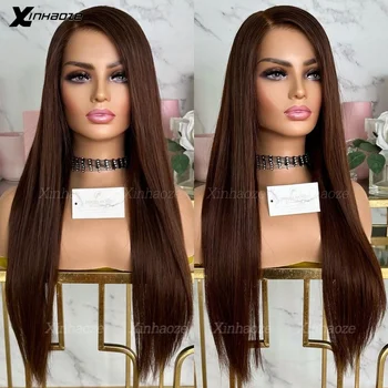Dark Chestnut Brown Straight Human Hair 13x4 Silk Top Wigs Bleached Knots Side Part Pre Plucked 360/Full Lace Human Hair Wigs