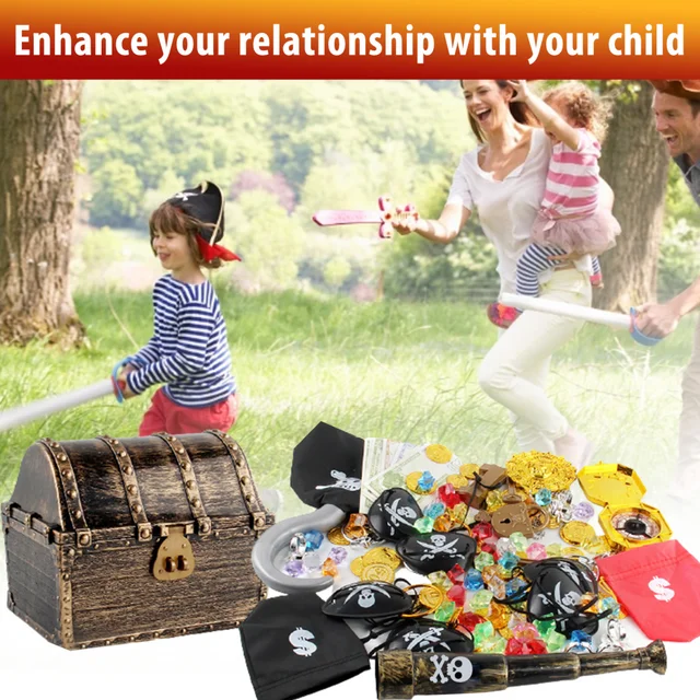 143PCS Deluxe Pirate Treasure Chest Box Toys, Kid's Party Favor Sets, Large Size Vintage Brown Kids Storage Treasure Box 2