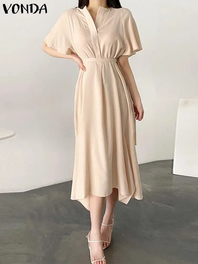 

VONDA 2023 Summer Women Shirt Dress Short Sleeve Belted Party Sundress Elegant Asymmetrical O-Neck Casual Solid Color Midi Robe