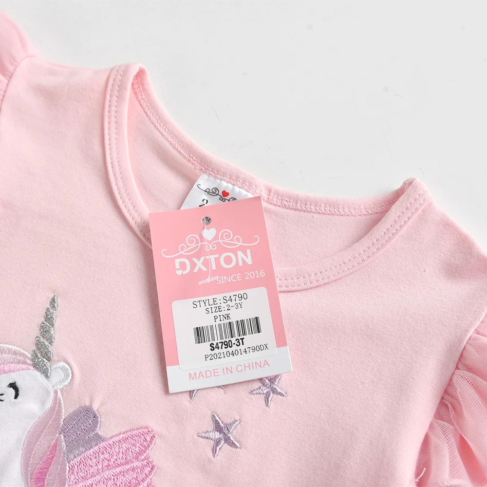 DXTON Children Unicorn Cartoon Embroidery T Shirt Kids Summer Short Shirt Girls Cotton Casual Ruffles T Shirt Children Costumes