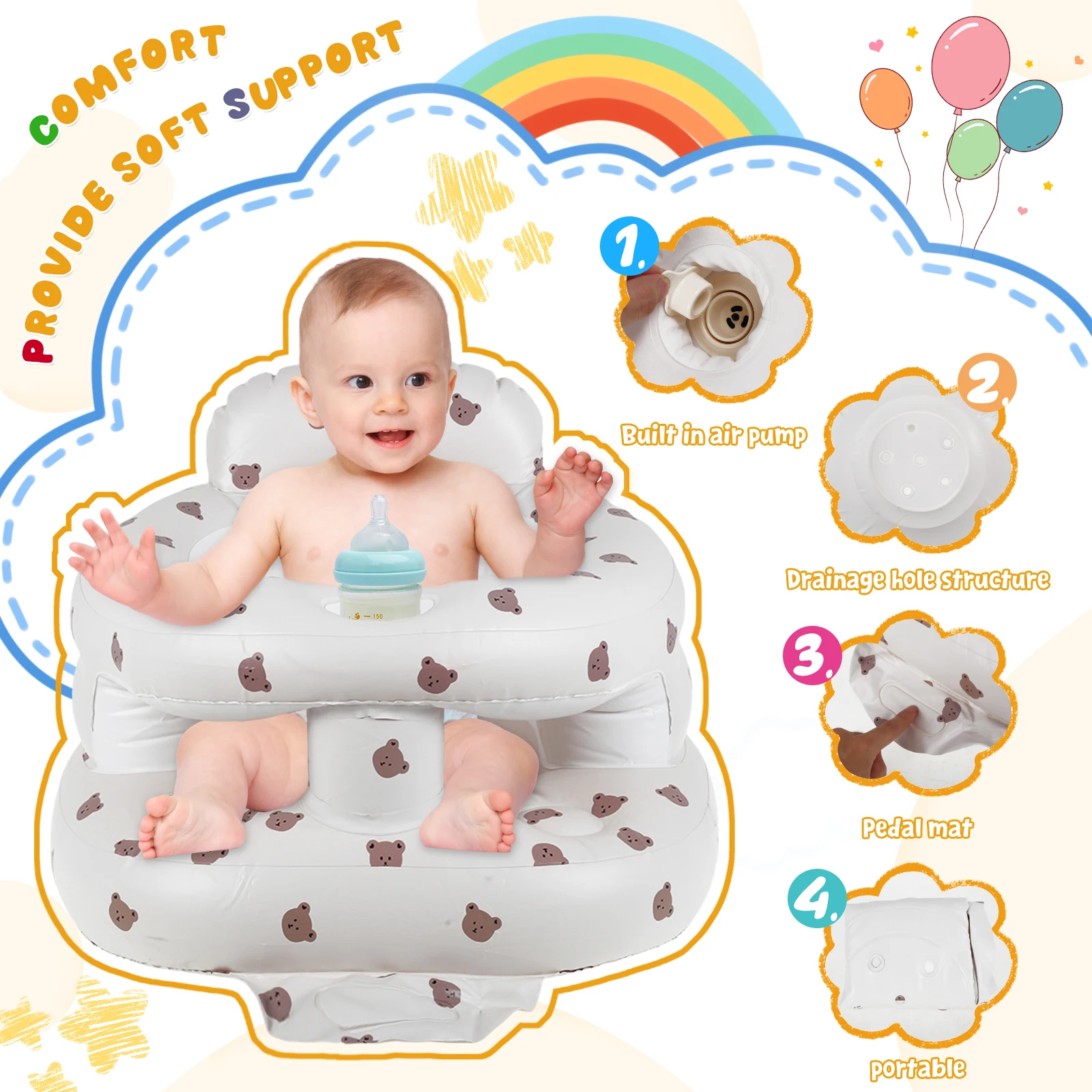 Baby Inflatable Sofa Children Infant Seat PVC Shining Foldable Portable Bath Chairs Table Stool Practice Sitting Sofa Seat 3