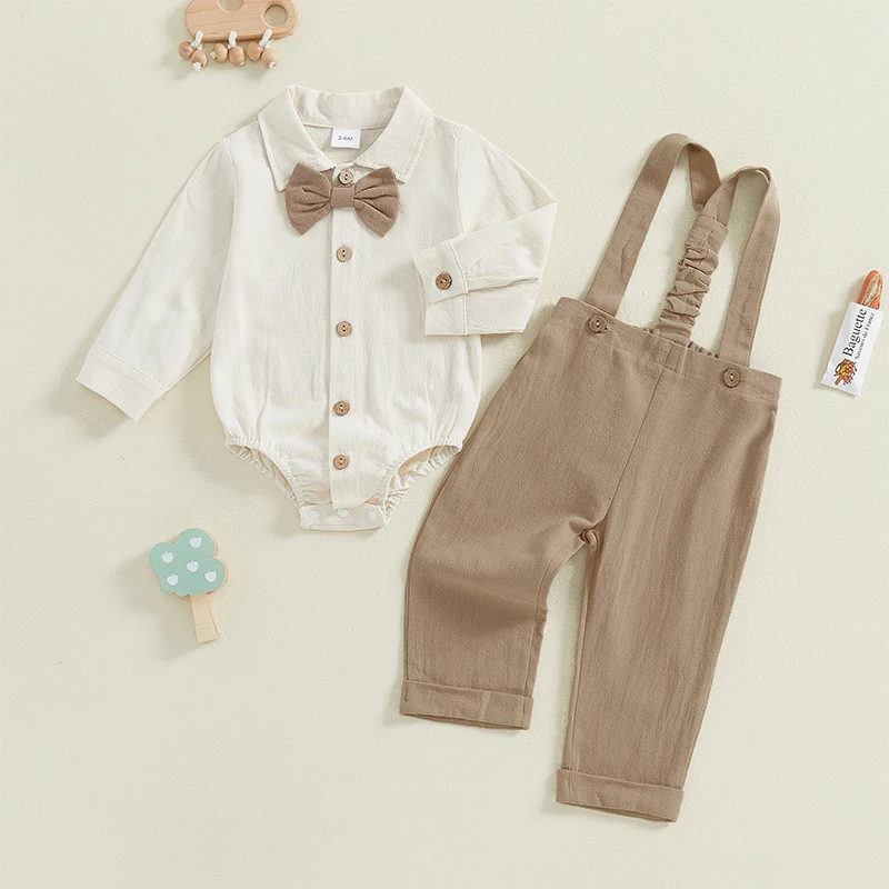 Baby Boys 2PCS Outfit Sets Long Sleeve Lapel Button Up Romper Solid Color Suspender Pants Sets 5