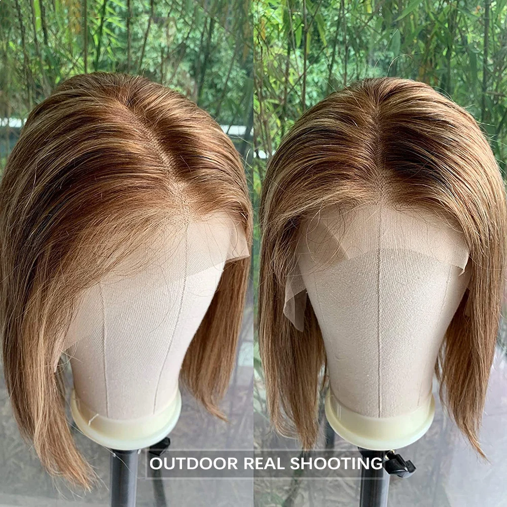 14 Inches Brown With Golden Human Hair Wig for Black Women Warm Blonde Highlight Lace Frontal Hair Short Straight Bob Human