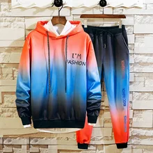 

Long Sleeve Men's Korean-Style Trendy Handsome Hooded Sweater Gradient Color Loose Top Two-Piece Set