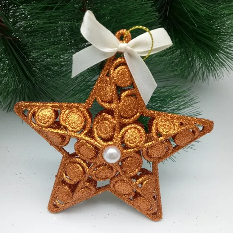 

Christmas Tree Decoration pendant 11cm sticky gold powder pearl bow five pointed star home activity scene small decoration